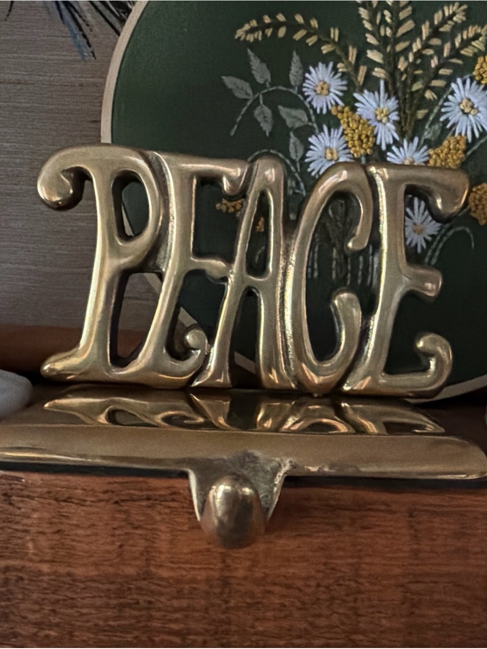 Vintage Brass "PEACE" Decorative Stocking Holder